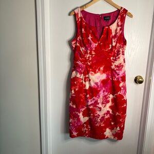 Adrianna Papell Red and Pink Floral Dress Faux Wrap Ruched Side Panels S14